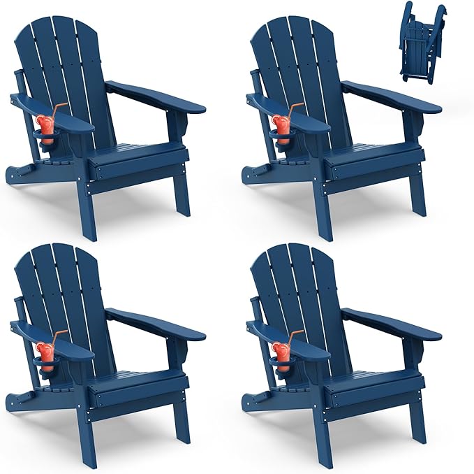 IVY&LANE Folding-Adirondack-Chairs-Set-of-4 | HDPE Plastic | Outdoor Fire Pit Chair with Cup Holder | Blue | Poly | Weather Resistant | for Patio Deck Poolside Garden Beach