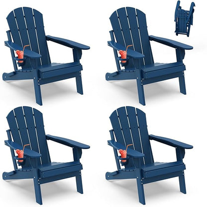 IVY&LANE Folding-Adirondack-Chairs-Set-of-4 | HDPE Plastic | Outdoor Fire Pit Chair with Cup Holder | Blue | Poly | Weather Resistant | for Patio Deck Poolside Garden Beach