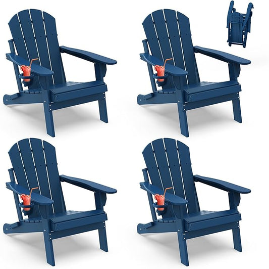 IVY&LANE Folding-Adirondack-Chairs-Set-of-4 | HDPE Plastic | Outdoor Fire Pit Chair with Cup Holder | Blue | Poly | Weather Resistant | for Patio Deck Poolside Garden Beach