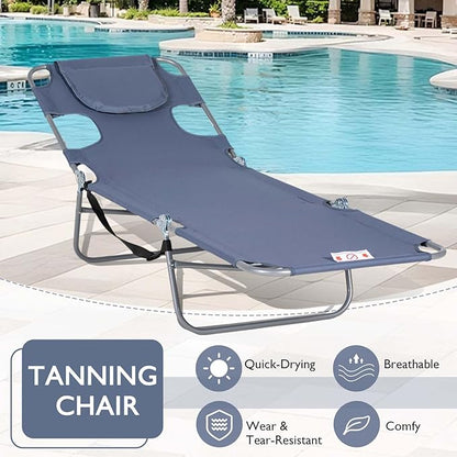 3-in-1 Heavy Duty Tanning Chair with Face Hole Adjustable 5-Position Folding Chaise Lounge Chairs Portable Lay Flat Beach Lounge Chair for Outdoor Sunbathing Patio Pool Lawn Camping Deck (Gray 2)