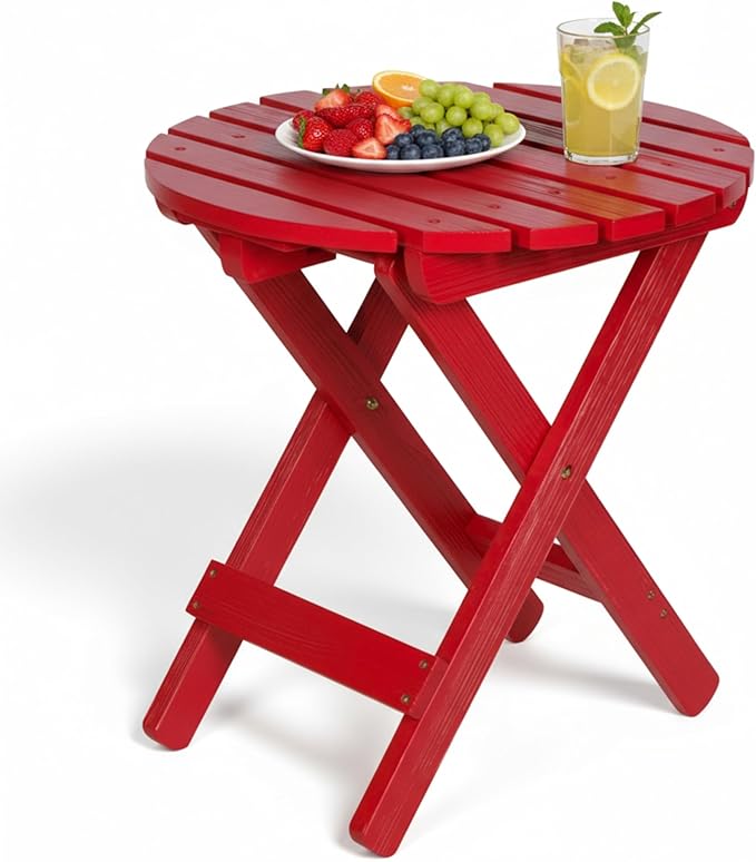 Shine Company Round Wooden Folding Solid Wood Side Table, Outdoor Adirondack Small Patio Table, Chili Red - Photo 5