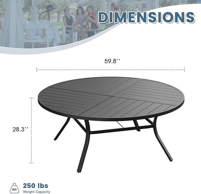DIFY 59.8" Round Outdoor Patio Dining Table for 8-10, All-Weather Metal Steel Slatted Patio Table with 1.57" Adjustable Umbrella Hole, for Lawn Garden Porch Backyard, Black