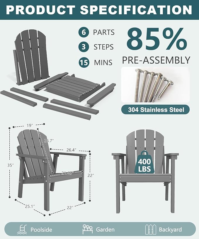 Adirondack Chair Set of 6, All Weather HDPE Fire Pit Chairs, Oversized Plastic Adirondack Chair for Outdoor, Balcony - Photo 2