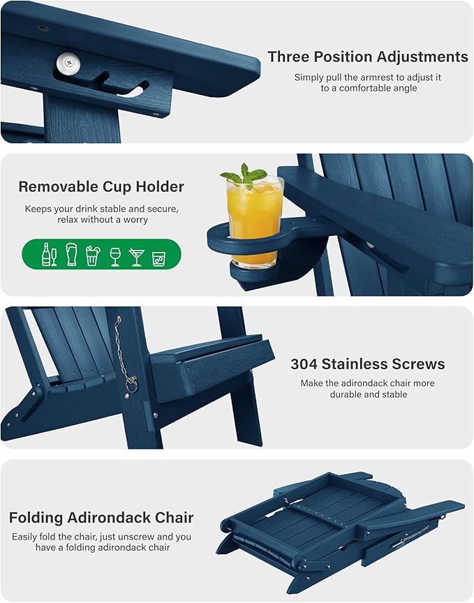 YEFU Adirondack Chairs Set of 6 for Patio: Folding Plastic Fire Pit Chair with Cup Holders & Adjustable Backrest - Sturdy All-Weather HDPE for Outdoor Pool Lawn - Easy Assembly(Navy Blue)