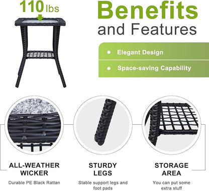 Outvita Outdoor Side Table, Patio Rattan Coffee Table Small End Table with Glass Tabletop and Storage Shelf for Patio Porch Backyard Balcony Living Room