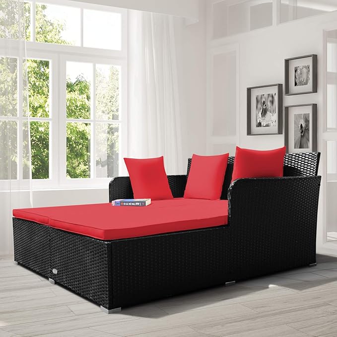 COSTWAY Outdoor Patio Rattan Daybed, Sponge Cushioned Loveseat Sofa with 4 Pillows, Wicker Furniture Sunbed for Balcony - Photo 2