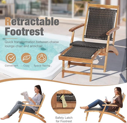 RELAX4LIFE Patio Lounge Chair Set - Outdoor Acacia Wood Chaise Lounge w/Side Table, Armrest & Retractable Ottoman, Rattan Seat, Tabletop, Quick Folding Sunbathing Chair for Backyard, Poolside (2)