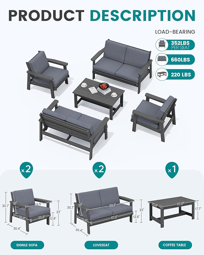 SERWALL HDPE Patio Furniture Set, 5 Piece All Weather Wood-Like Sectional Outdoor Furniture Set - Photo 2