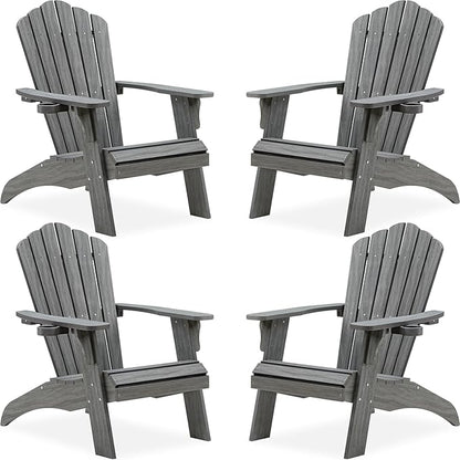 Psilvam Oversized Adirondack Chair, Fade-Resistant & Odor-Free Poly Lumber Fire Pit Chairs with Cup Holder, Weatherproof Outdoor Chair, Easy 15 Min Install Patio Chair, 350 Lbs Support (4, Gray)
