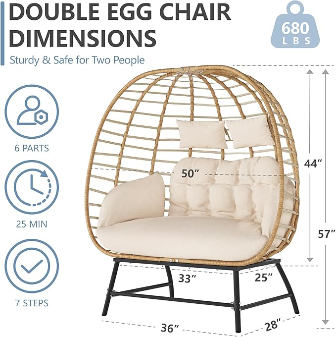 SWITTE Double Wicker Egg Chair Outdoor, Indoor Oversized Papasan Loveseat with Thick Cushion, 2-Person Patio Lounge Chair, 680 lbs Capacity for Balcony, Porch, Backyard-Ivory