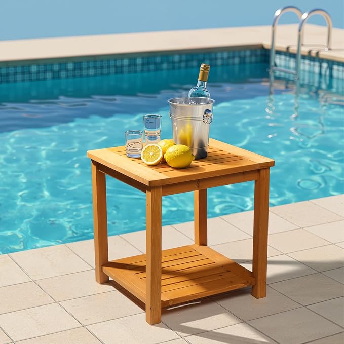 Outvita Patio Small Side Table, Acacia Wood 18 inch Double-Deck Coffee Table with Storage Tier for Living Room, Garden - Photo 9