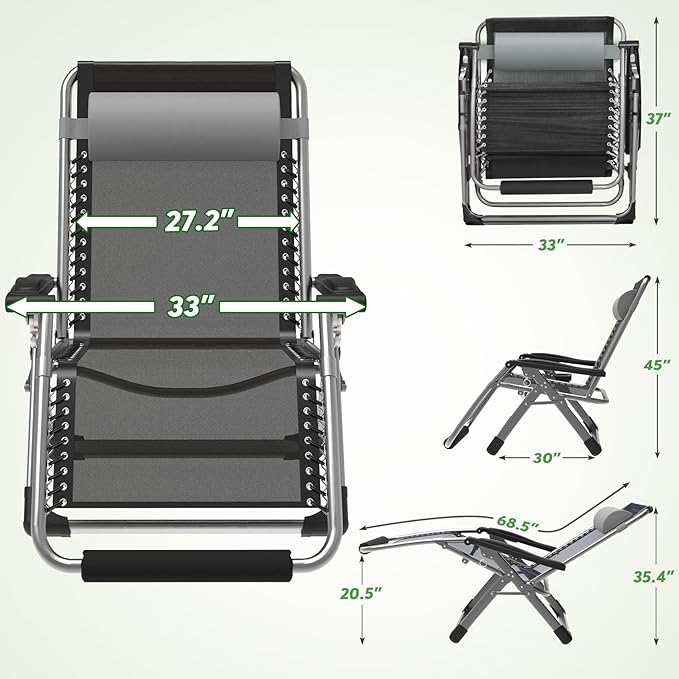 ZENPETIO Oversized Zero Gravity Chair, 33In XXL Zero Gravity Recliner Lounge Chair - Photo 3