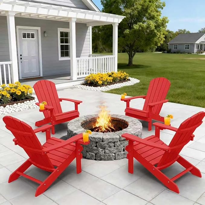 YEFU Adirondack Chairs Set of 4 for Outdoor: Zero Gravity Fire Pit Chairs Plastic with Cup Holders - Sturdy All-Weather HIPS with Wood Texture for Patio Backyard Lawn - Easy Assembly(Red)