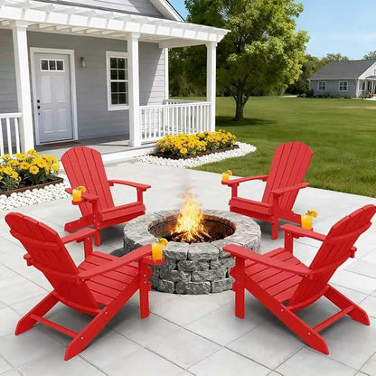 YEFU Adirondack Chairs Set of 4 for Outdoor: Zero Gravity Fire Pit Chairs Plastic with Cup Holders - Sturdy All-Weather HIPS with Wood Texture for Patio Backyard Lawn - Easy Assembly(Red)