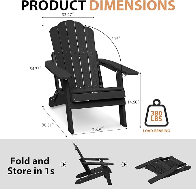 Clihome Outdoor Adirondack Chair Folding Lounge Chairs for Outside Patio Chairs Lawn Chair Plastic Adirondack Chairs for Yard, Garden