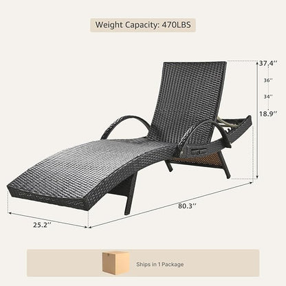 Set of 2 Dark Brown Outdoor Chaise Lounge Chairs, Wicker Patio Lounge Chairs with Adjustable Backrest and Armrests, Durable PE Rattan Pool Chair for Patio, Poolside and Garden