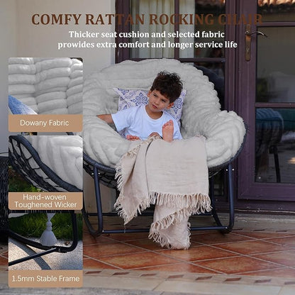 Outdoor Rocking Chair, Patio Wicker Egg Chair, Indoor Comfy Oversized Papasan Chair with Padded Cushion, Royal Rattan Rocker for Front Porch, Garden, Patio (Light Grey)