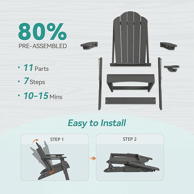 Foldable HDPE Adirondack Chairs Set of 2, Modern, Deck, Patio, Hotel, All-Weather Outdoor Seating, Hidden Cup Holder, Dark Gray