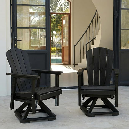 HDPE Swivel Glider Chair Outdoor, Weather Resistant Adirondack Outside Rocking Chair, Wooden Textured Outdoor Swivel Chair Set of 2 for Porch, Balcony, Poolside, Backyard (Black)