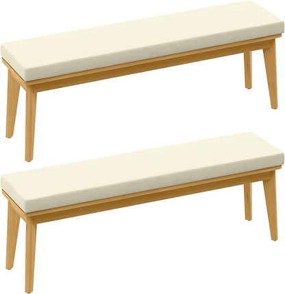 2-Piece Backless Patio Bench, Acacia Wood Dining Bench with Cushion for Outdoor Porch, Backyard, Garden, Lawn, Beige