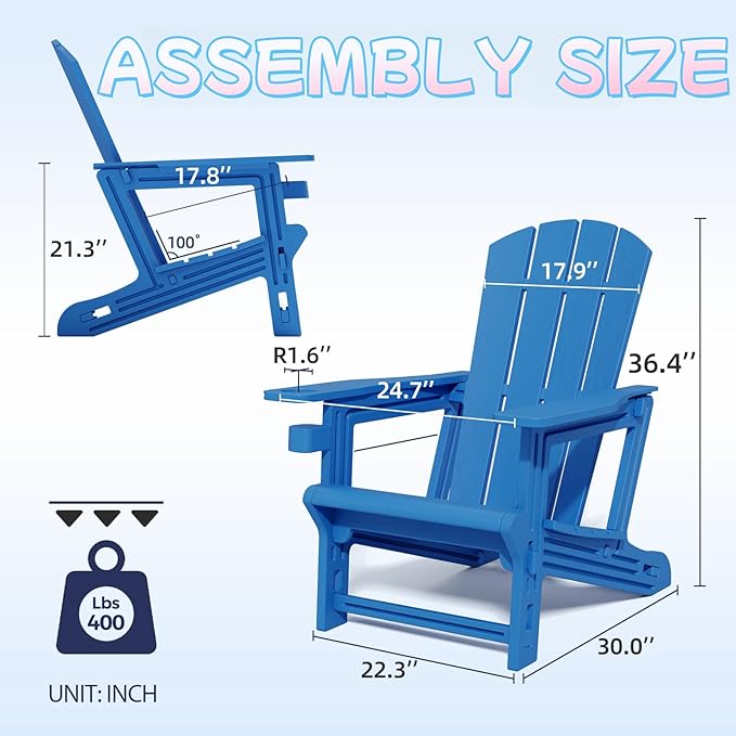 Adirondack Plastic Outdoor Patio Chair with Cup Holder Without Screws Install， Higher Back Weather Resistant Composite Adirondack Chairs for Backyard Lawn Beach Set of 2 Klein Blue