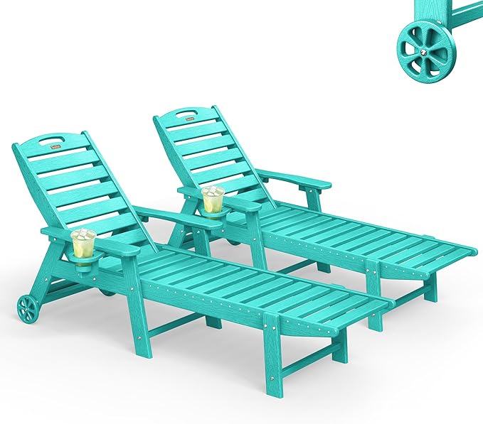 Lounge Chair Outdoor Set of 2, HDPE Chaise Lounge Outdoor with 6-Position & Wheels &Cup Holder - Photo 1