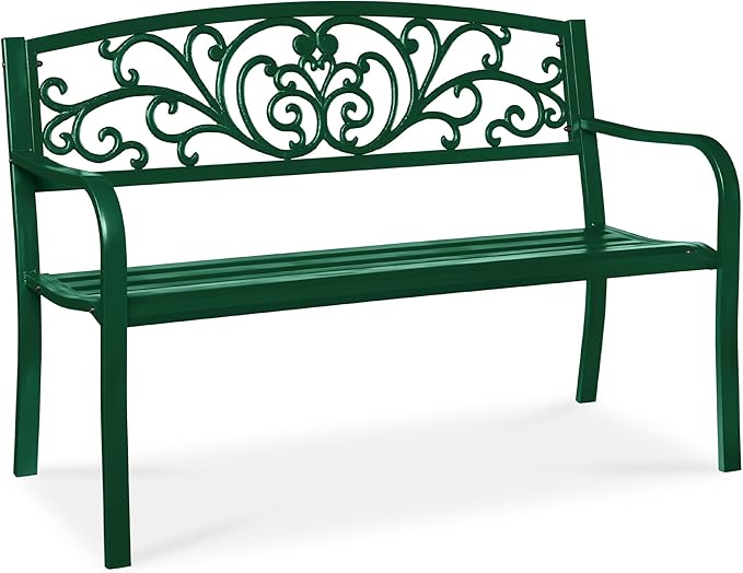 Best Choice Products Outdoor Bench Steel Garden Patio Porch Furniture for Lawn, Park, Deck w/Floral Design Backrest - Photo 1