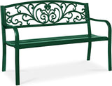 Best Choice Products Outdoor Bench Steel Garden Patio Porch Furniture for Lawn, Park, Deck w/Floral Design Backrest - Photo 1