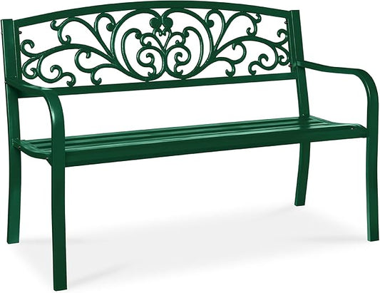 Best Choice Products Outdoor Bench Steel Garden Patio Porch Furniture for Lawn, Park, Deck w/Floral Design Backrest, Slatted Seat - Dark Green