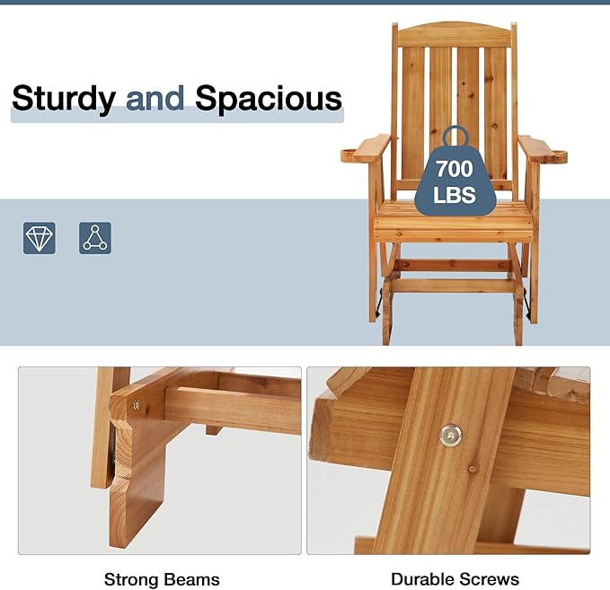 HOMREST Wooden Patio Glider Chair Set of 2 with Cup Holders Heavy Duty 700LBS Outdoor Rocking Chair with Ergonomic Deep - Photo 5