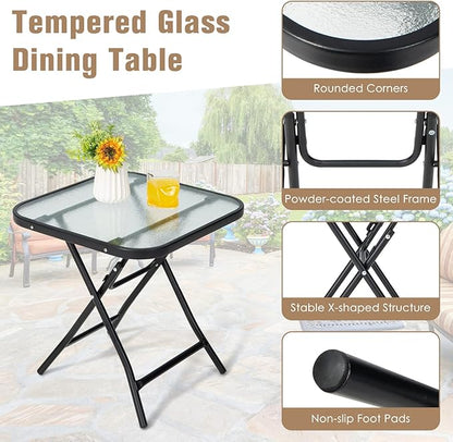 Tangkula Patio Bistro Table, 18" Square Glass Top Side Table with Rustproof Frame, Folding Coffee Table for Patio, Balcony, Backyard, Poolside(Black)