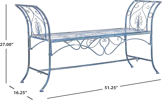 Safavieh PAT5016C Outdoor Collection Adina Antique Blue Wrought Iron 51-inch Garden Bench