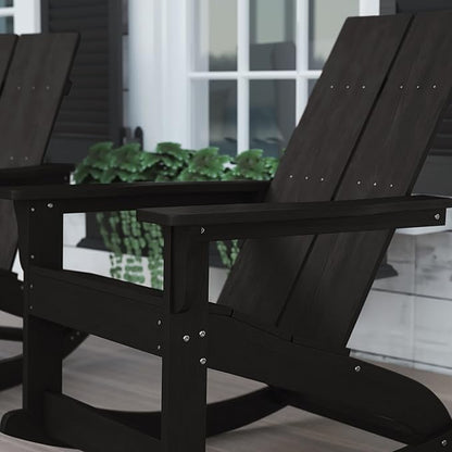 Flash Furniture Finn Modern Commercial Poly Resin Wood Adirondack Rocking Chair - All Weather Black Polystyrene - Dual Slat Back - Stainless Steel Hardware - Set of 2