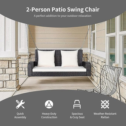 RELAX4LIFE 2-Seat Rattan Porch Swing, Wicker Outdoor Swings w/7.9 Ft Solid Metal Chain, Back & Seat Cushions for Garden Backyard, 800LBS Max Load, 2-Person Patio Swing, Beige & Black Cushion Covers