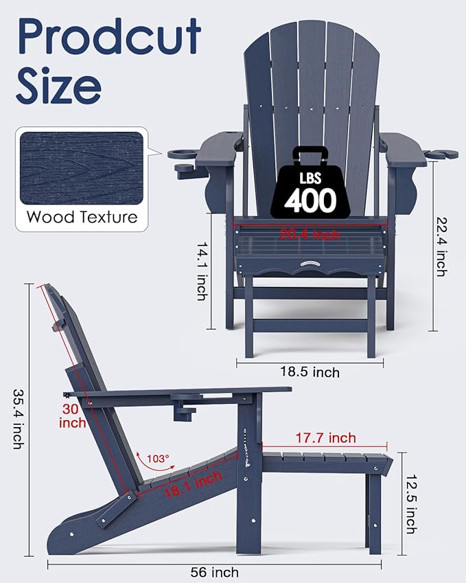 Folding Adirondack Chair with Ottoman, Recyclable HDPE Adirondack Patio Chair with 2 Cup Holder, Outdoor Fire Pit Chairs with Pull Out Footrest, Weather Resistant for Garden, Deck, Poolside, Navy Blue