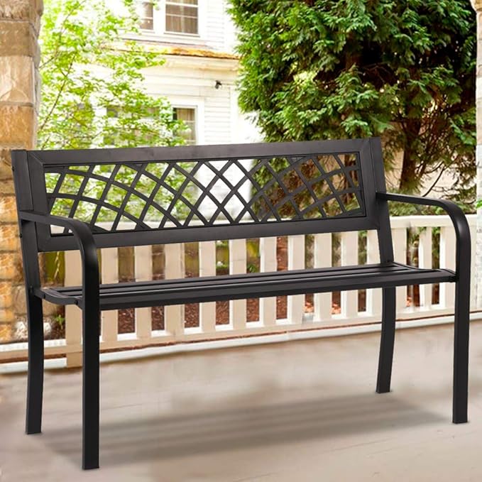 Anti-Rust Metal Bench Garden Bench with Back Porch Benches for Outdoor Cast Iron Steel Frame Chair Waterproof,Black, 480 lbs, 45 inches x21.7 inches x30 inches (LxWxH)