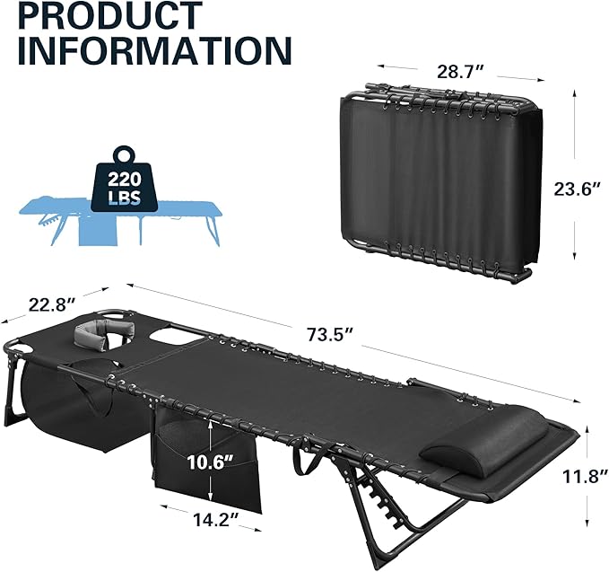 Greesum Chaise Lounge Folding Tanning Chair with 5 Position Adjustable Back, Detachable Pillow & Pocket for Outside Pool, Beach, Sunbathing, Black w/Face Hole