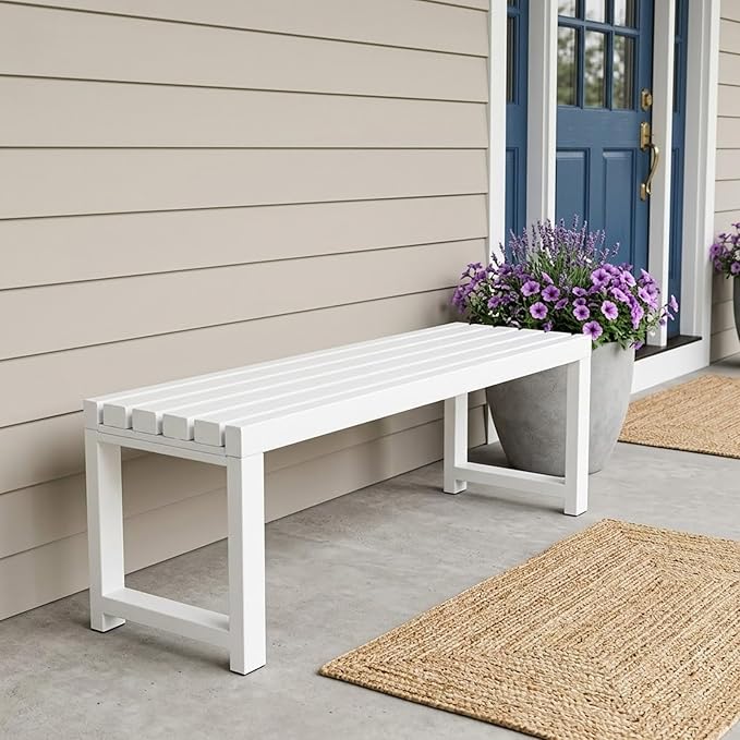 Backless Patio Bench Outdoor Metal Bench, 3.3ft 3.9ft 4.9ft 5.9ft Weatherproof Garden Benches 2-Person Outside Chair for Yard Porch Entryway Sturdy Steel Frame Furniture(White,3.93ft)