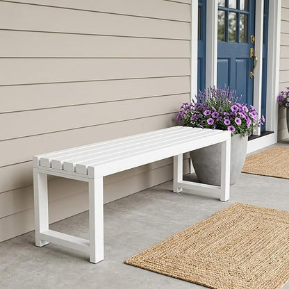 Backless Patio Bench Outdoor Metal Bench, 3.3ft 3.9ft 4.9ft 5.9ft Weatherproof Garden Benches 2-Person Outside Chair for Yard Porch Entryway Sturdy Steel Frame Furniture(White,5.9ft)