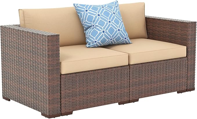 Patiorama Outdoor Wicker Loveseat 2 Pieces, All Weather Brown PE Rattan Sectional Corner Sofa Set - Photo 1