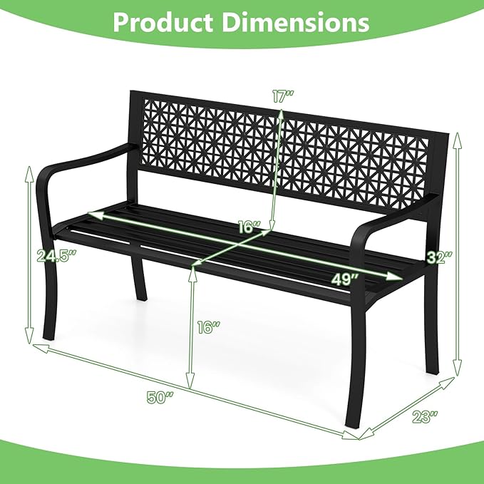 Tangkula Metal Outdoor Park Bench, 50 Inches Patio Garden Bench with Patterned Backrest and Curved Armrests, 2-3-Person Patio Bench, Outdoor Metal Loveseat Chair for Porch, Lawn, Yard and Park