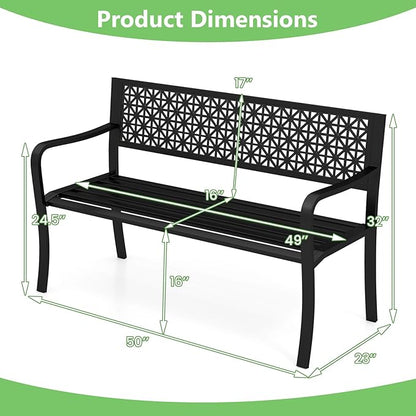 Tangkula Metal Outdoor Park Bench, 50 Inches Patio Garden Bench with Patterned Backrest and Curved Armrests, 2-3-Person Patio Bench, Outdoor Metal Loveseat Chair for Porch, Lawn, Yard and Park