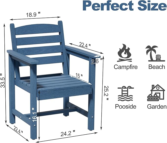 Scurrty Plastic Adirondack Chairs Set of 2, Patio Chairs with Wood Texture,Lawn Fire Pit Deck Porch Garden Chairs for Adults (Blue)