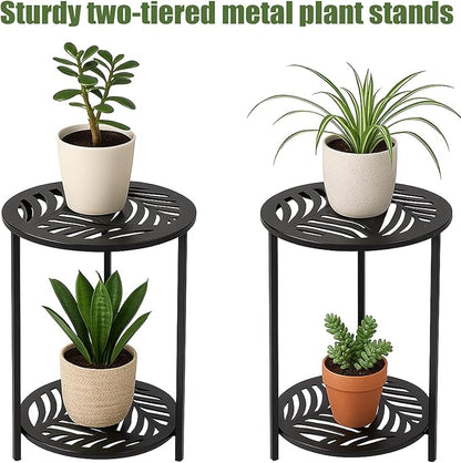 17.7" Two-tiered Metal Round Side Tables Extra-large Black Outside End Table for Patio Round Accent Garden Corner Stand for Small Spaces Weather-resistant Coffee Table for Balcony Porch Plant Stand