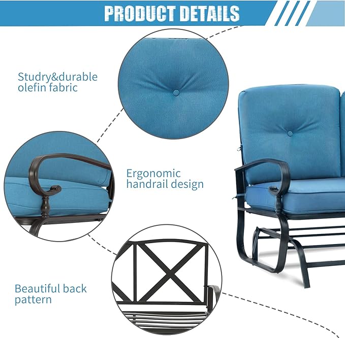 Patio Bench, Porch Glider Outdoor Swing Glider Rocking Loveseat, Steel Frame Chair with Thick Cushion (Peacock Blue) - Photo 3