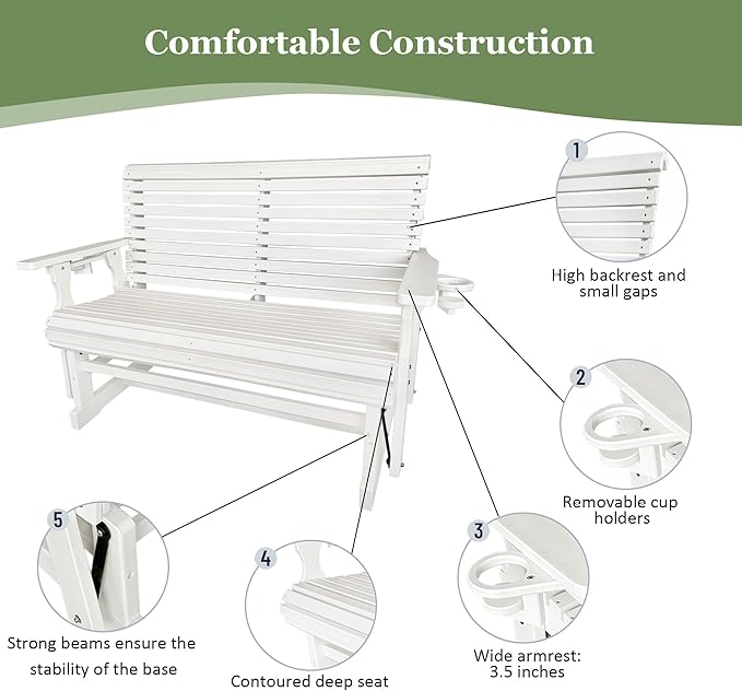 HDPE Patio Glider, Poly Lumber Weather-Resistant Outdoor Glider Bench, for Patio, Porch, Yard (Ivory White, 2-Seater)
