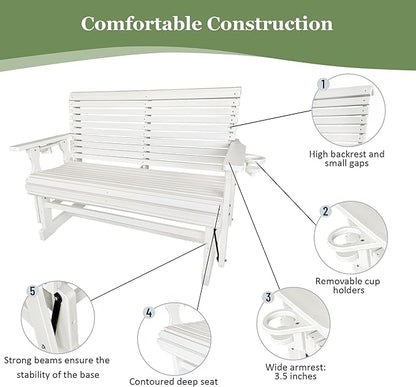 HDPE Patio Glider, Poly Lumber Weather-Resistant Outdoor Glider Bench, for Patio, Porch, Yard (Ivory White, 2-Seater)