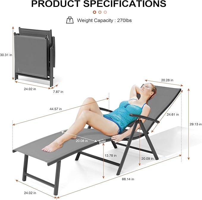 Crestlive Products Folding Patio Chaise Lounge Chair Outdoor, Aluminum Adjustable Outdoor Pool Recliner Chair, Assemble-Free, 8 Positions