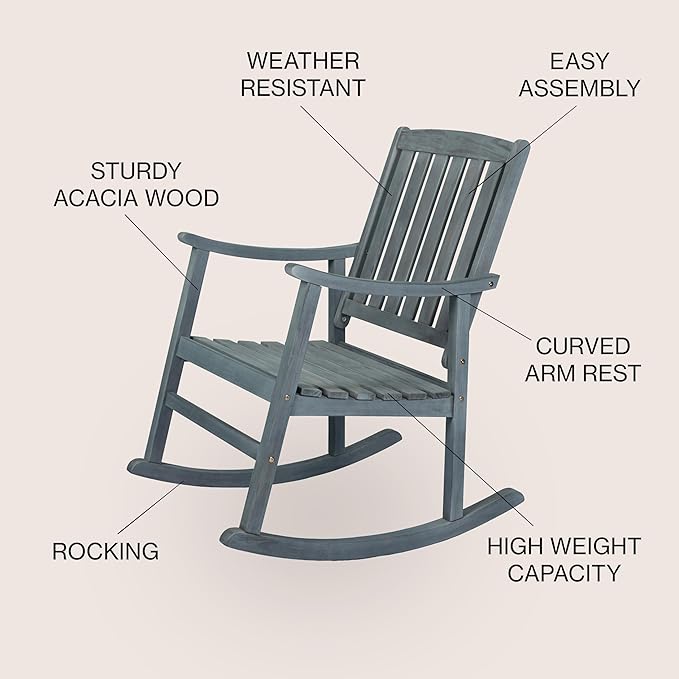 JONATHAN Y RCK102B Penny Classic Slat-Back 300-Lbs Support Acacia Wood Patio Outdoor Rocking Chair for Garden, Lawn, Backyard, Pool, Deck, Beach, Firepit, Gray