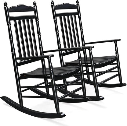 VINGLI Wooden Rocking Chair, Outdoor Chair with 450 lbs Support, Relaxing Rocker with Solid Wood High Back Seat Reclining Seat for Deck, Garden, Backyard, Porch, Indoor or Outdoor Use (Black, 2PCS)
